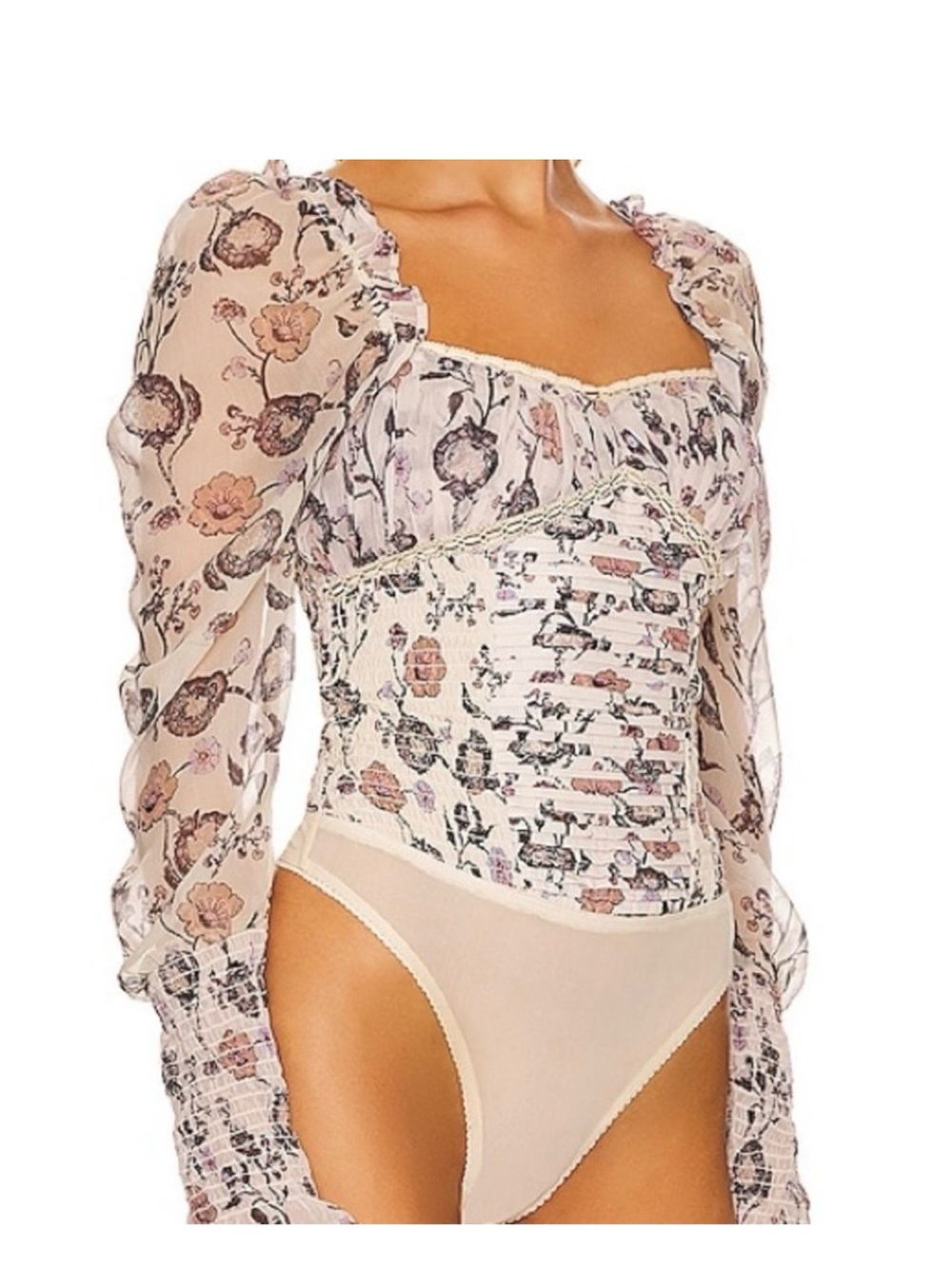 Free People Floral Sheer Ruched Corset Bodysuit in Light Pink and Cream